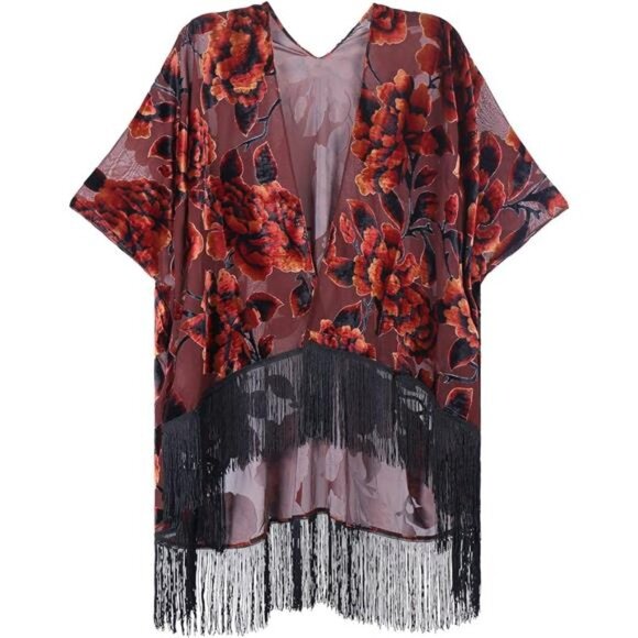 Black Burnout Velvet Floral Rose Print Fringe Kimono‎ Cardigan Shawl Poncho - Picture 1 of 7